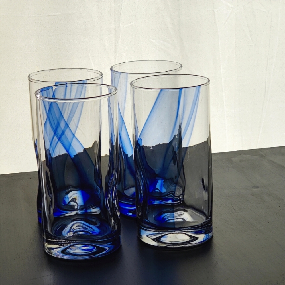 4 Libbey Crisa (thumbprint) | 16 oz Highball blue ๐ swirl glasses - Picture 1 of 13